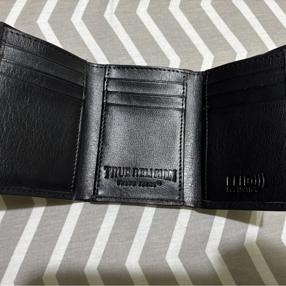 True Religion Black Leather tri fold wallet